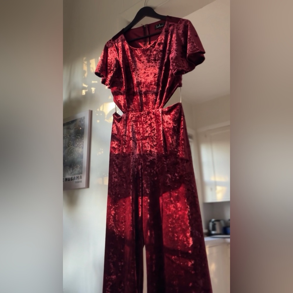 Lulu's Red Velvet Jumpsuit with Flutter Sleeves